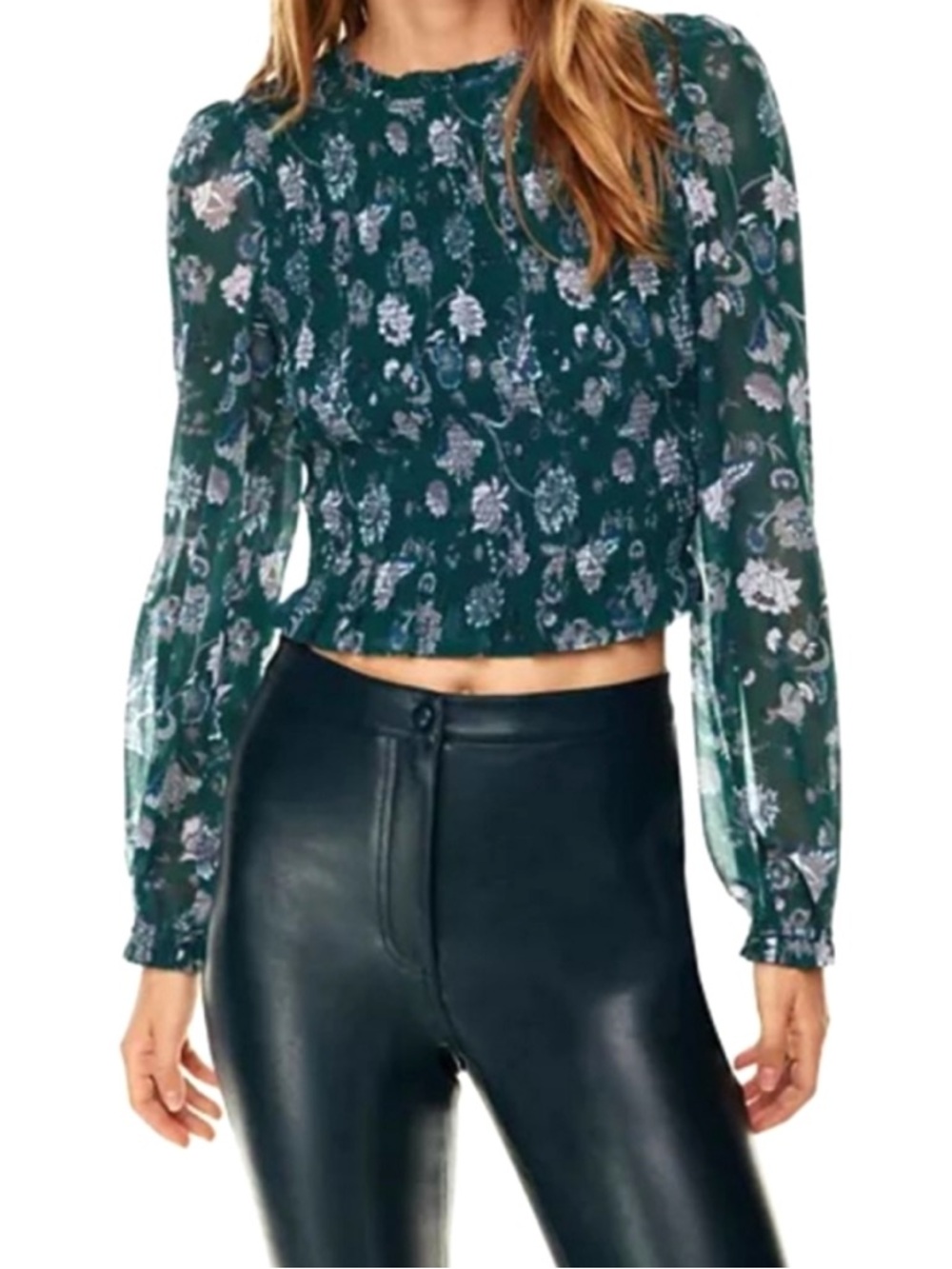 Wilfred Green Floral Smocked Sheer Blouse